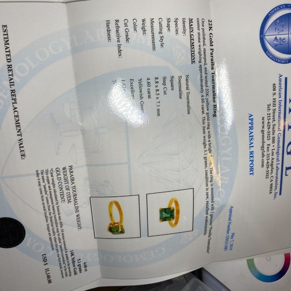 Certified Paraiba Tourmaline 4.60ct 22K Gold Ring - Picture 8 of 8